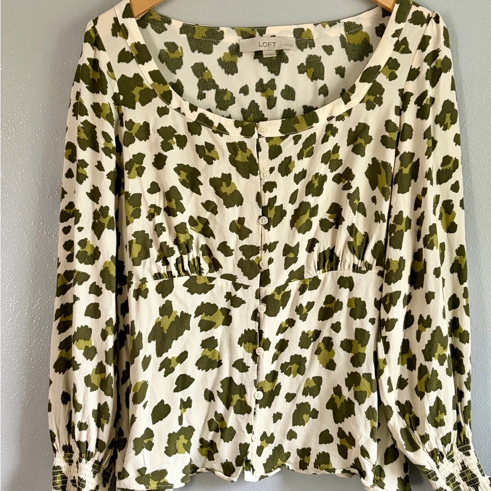 LOFT Olive and Cream Patterned‎ Blouse